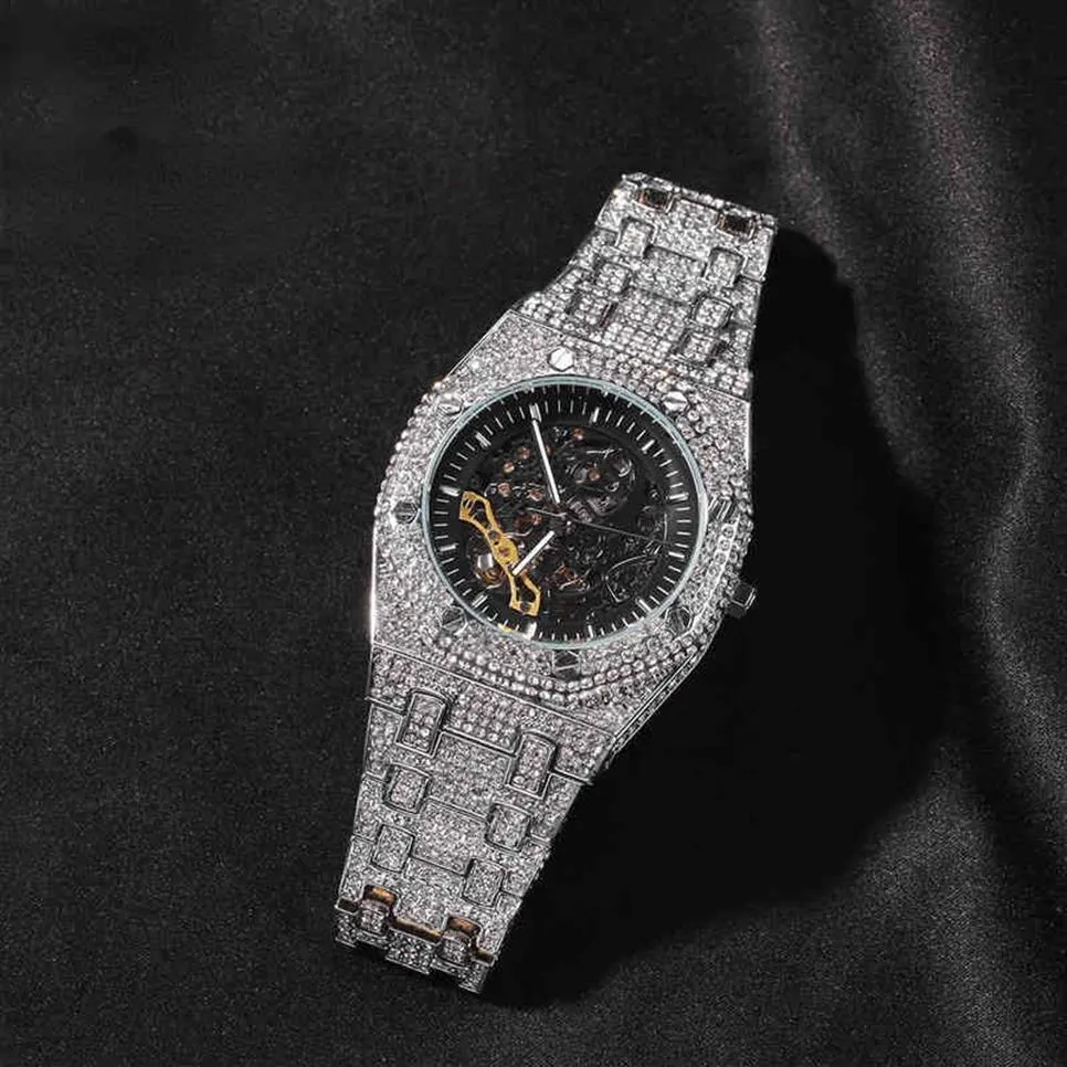 Zegarek Hip Hop Pełny lodowani mężczyźni zegarki ze stali nierdzewnej mechaniczne luksusowe dhinestones kwarc kwadratowy zegarek biznesowy 221230260S