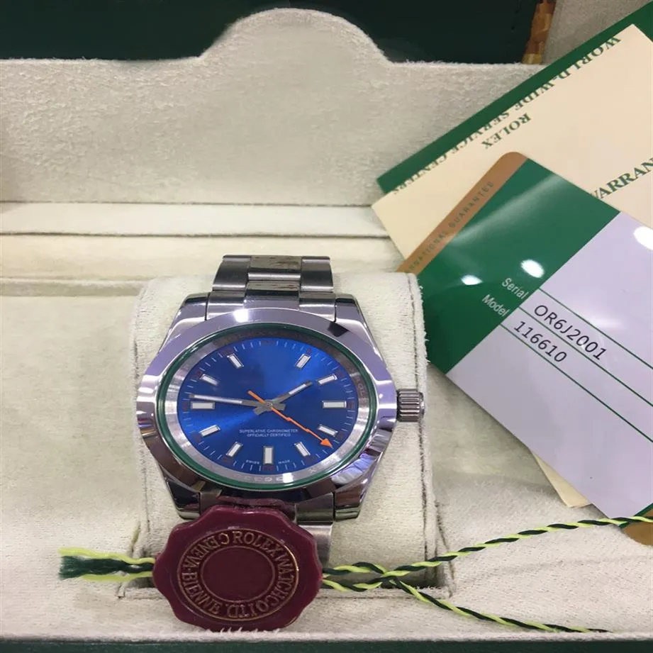 Z oryginalnym pudełkiem sprzedającym luksusowe zegarki zegarek 40 mm 116400 Blue Dible Glass Stal Stal Bransoletka Automatyczna męska W301W