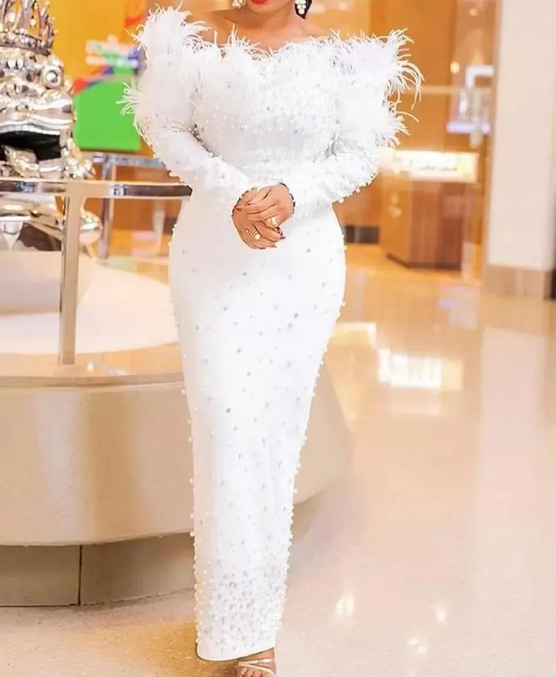 2023 Elegant White Formal Evening Dresses Pearls Beaded Feather Long Sleeves Sheath Ankle Length Bride Reception Gowns Aso Ebi African Arabic Prom Party Dress