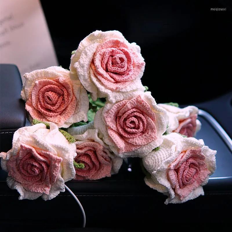 Decorative Flowers Finished Knitted Rose Crochet Hook Fake Bouquet Wedding Home Decoration Knit Flor Artificial Birthday Gift 1PCS