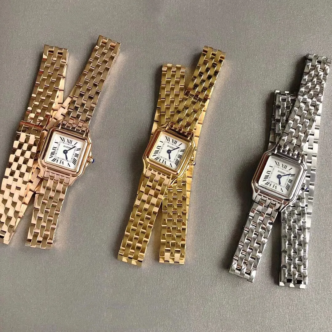 2023 New Luxury Women Panthere Watch 2 طبقة صف من الفولاذ المقاوم للصدأ حزام الياقوت CZ Diamond Clock Panther Leopard Quartz Wristwatch 22mm 27mm