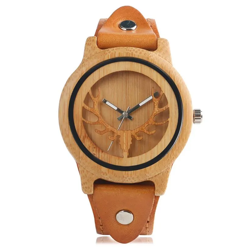 Steampunk naturalne zegarki drewniane jelenie łosie męskie bambusowe zegarek na nadgarstek kwarcowy zegar czarny brązowy skórzany pasek bransoletki Prezent 294e