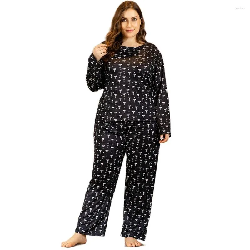 Spårdräkter plus storlek sömnkläder set kvinnor svart tryck t-shirt byxor stora hemkläder två stycken passar nattkläder pyjamas