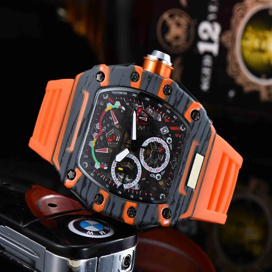 Top Digite -versie Skelet -wijzerplaat All vezelpatroon Case Japan Sapphire Mens Watches Rubber Designer Sport Watches208P