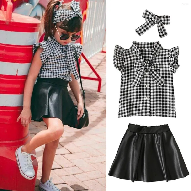 Clothing Sets Toddler Girls Summer Children's Plaid Shirt Print Ruffle Bow Leather Skirt 3pc Kids Clothes For 9Month-4Year