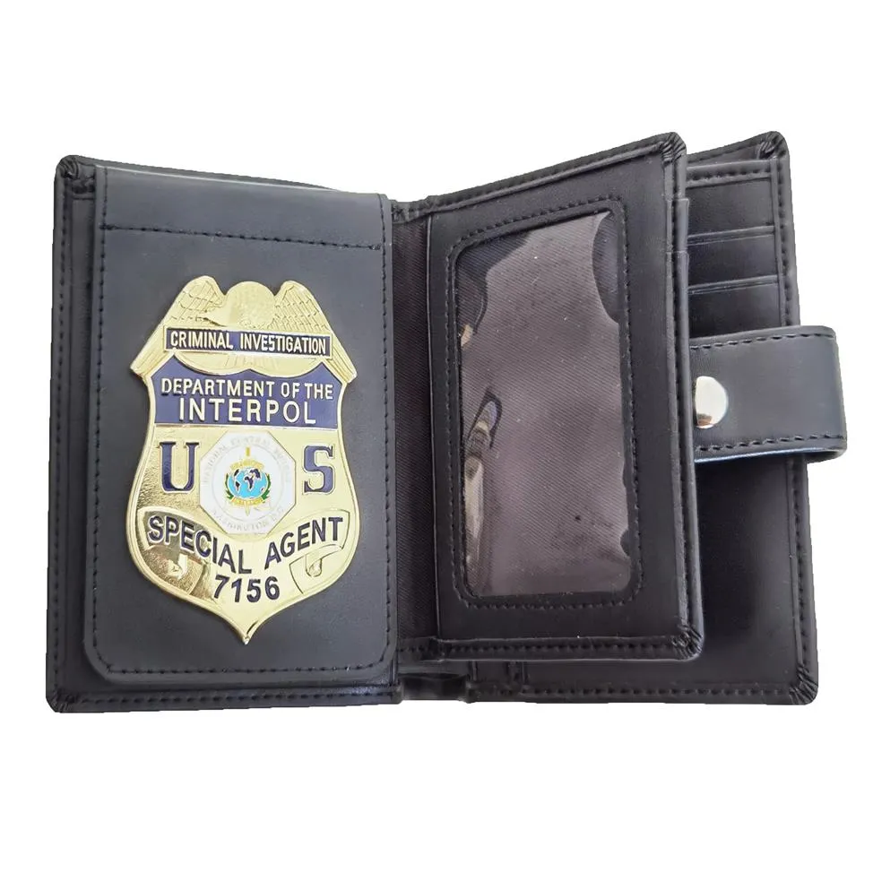 Multi functional men's wallet bag with US DEPARTMENT OF INTERPOL metal badge3055