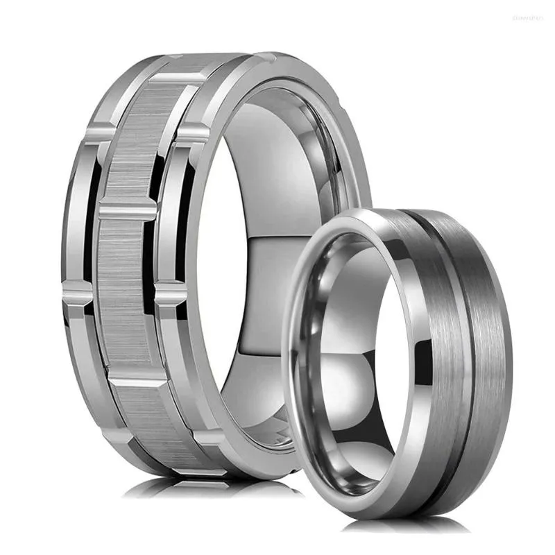 Bröllopsringar Fashion 8mm Men's Silver Color Groove Beveled Edge Tungsten Carbide rostfritt stål Ring Blue Carbon Fiber Men Band