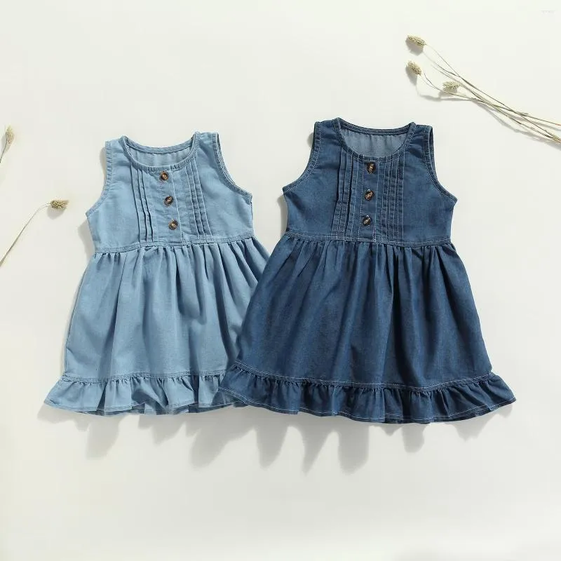 Flicka klänningar barn klär flickor solid färg rufsad rund hals ärmlös klänning för sommaren mörkblå/ljusblå 1-6 år