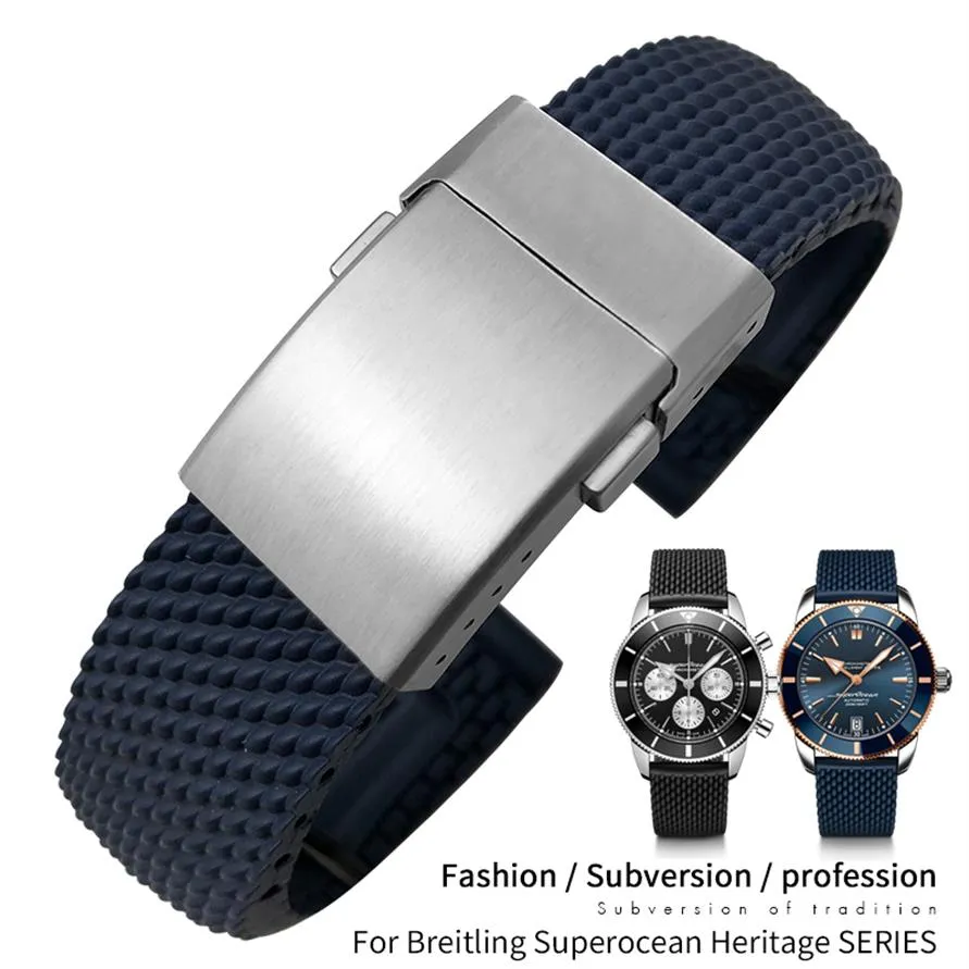 22 mm 24 mm gevlochten siliconen rubberen horlogeband geschikt voor Breitling Avenger Superocean Heritage Black Blue Watch -riem Braceles To283F