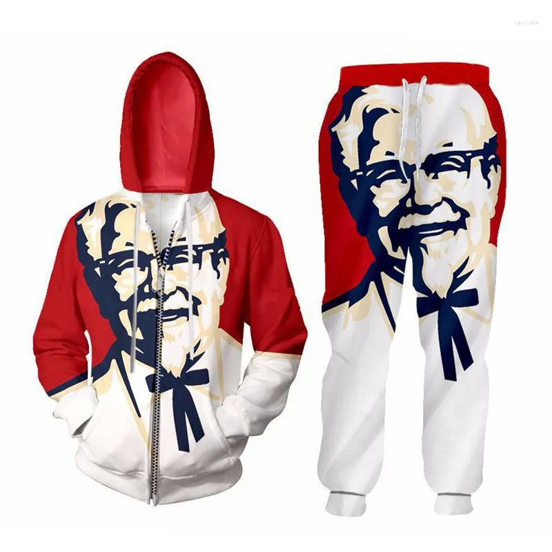 Herrspårssuits S-6XL Men/Women 2 PCS Sportsuit Set Fashion Long Sleeve 3D KFC Old Man Print Hoodies Pants Set Unisex dragkedja Tracksuit