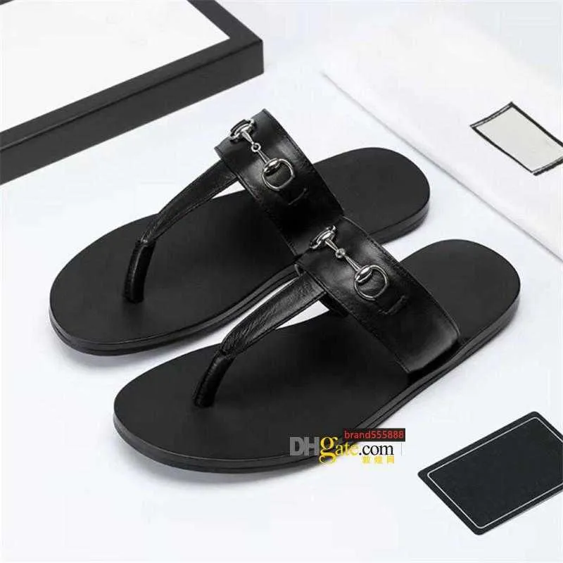 2021 Fashion Black Soft Leather Sandals Mules Bees Summers Slide Slippery Flat Chain Sandals Wide T-bar Casual Beach Slip Sandals With Box