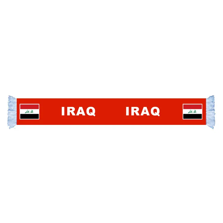 Irak Drapeau Écharpe Usine Approvisionnement Qualité Polyester Monde Pays Satin Écharpe Nation Football Jeux Fans Écharpes Avec Gland De Couleur Blanche