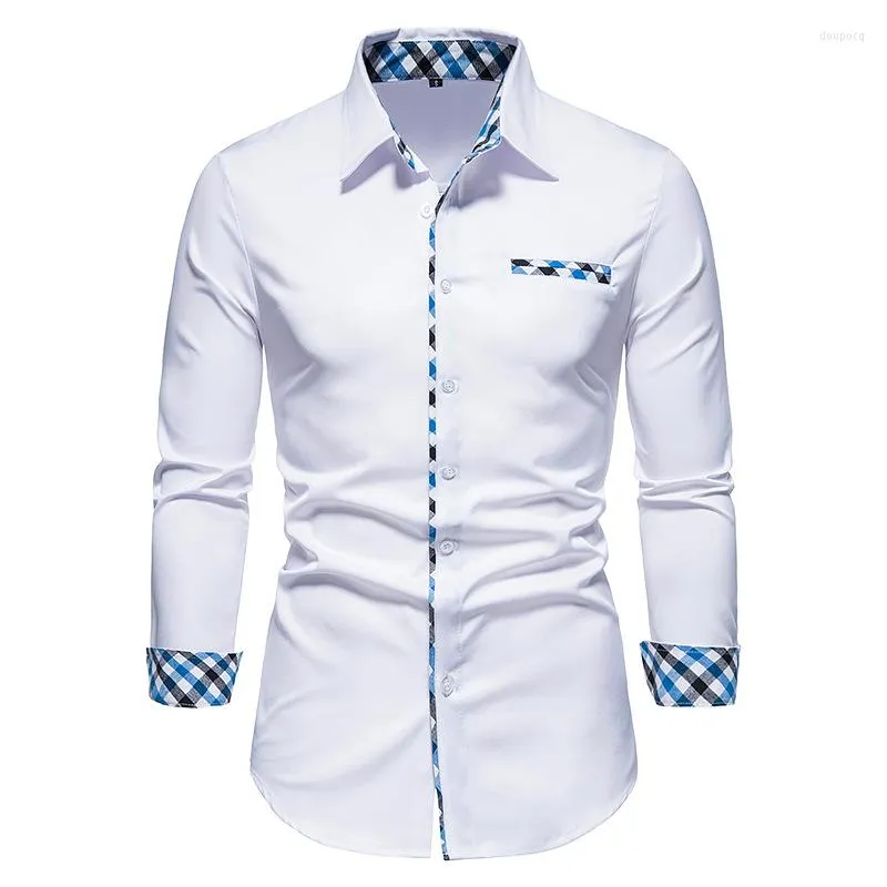 Camicie casual da uomo Camicia a quadri scozzese patchwork abbottonata manica lunga da ufficio business slim fit abito da uomo festa di nozze Camisas Hombre