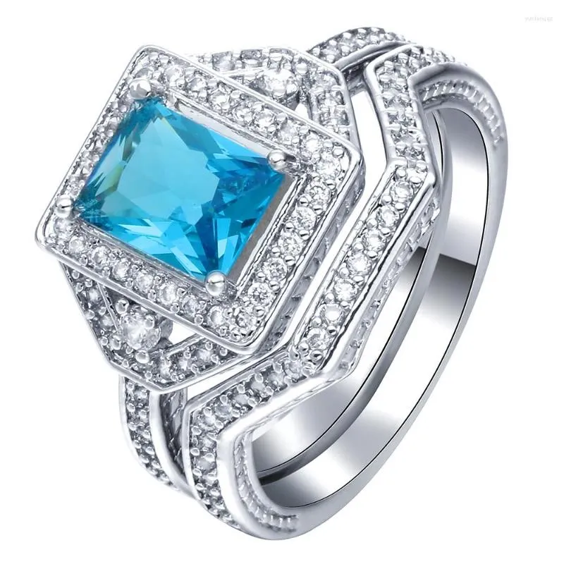 Fedi nuziali 2022 Fashion Promise Ring 2pc Romantic Drop Princess Blue Cubic Zircon Finger Set di fidanzamento