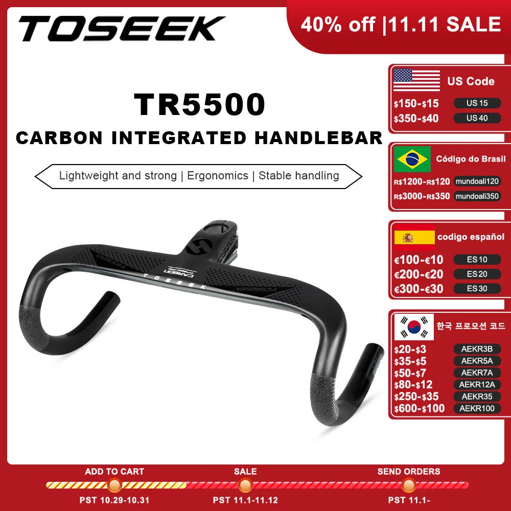 Bisiklet Gidon Bileşenleri TOSEEK TR5500 Yol Tam Karbon Fiber Kök Entegre Bisiklet Gidon Ultra Hafif 28.6mm Bisiklet Parçaları Aksesuarları 221101