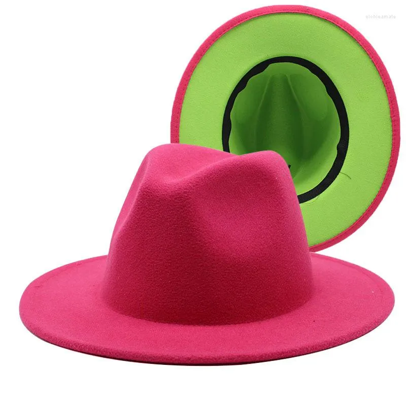 Berets Ros/Green Patchwork vrouwelijke hoeden cowboy hoed unisex Panama wol vilt fedora dames wijd riem feest Trilby mode jazz cap
