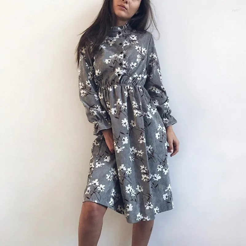 Casual Dresses Corduroy High Elastic Waist Vintage Dress A-line Style 2022 Winter Women Full Sleeve Floral Print Feminino 25 Colors