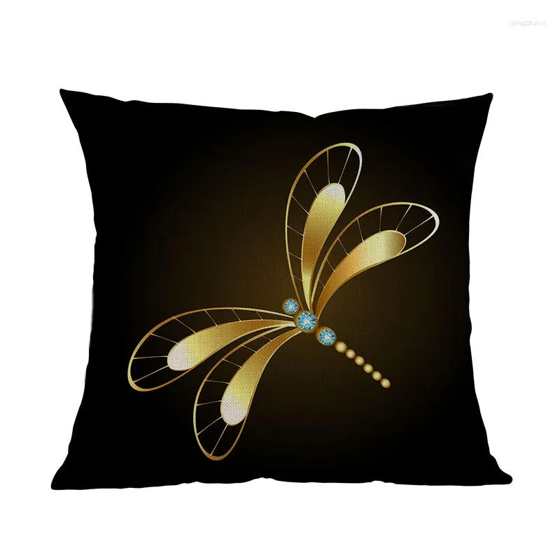 Oreiller fond noir diamant et papillons dorés motif lin taie d'oreiller maison canapé chambre couverture décorative 45x45cm254G