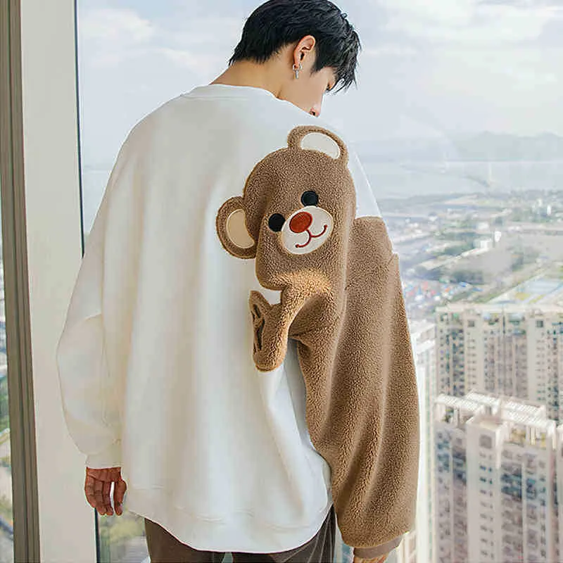 hoodiehoodieWinter Couple Outfits Cartoon Teddy Bear Sleeve Sweatshirt Fleece Loose Oversized Hoodies Korean Men Women Cute Pullover Sweat