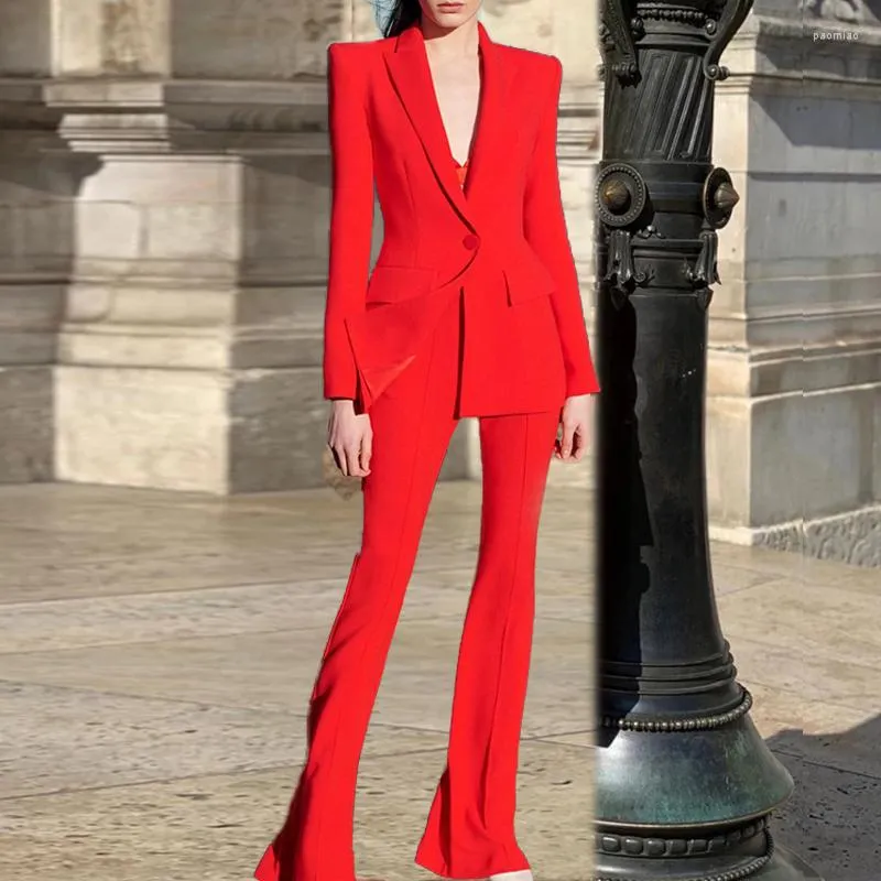 Calças de duas peças femininas, traje de blazer vermelho roxo conjunto Escritório Botões Únicos Botões Sinalizadores Flee formal Suits de alta qualidade
