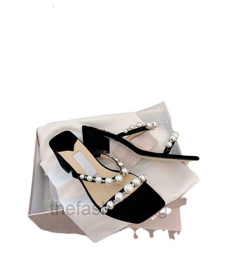 luxurywomens Sandal Slipper Shoes Pearls Women Sandal Pearl Strap Slippers Block Heeled Mule Square Toeサイズ35-42