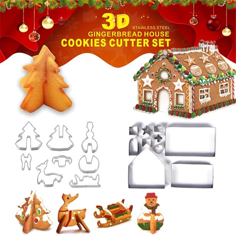 Outils de pâtisserie 3D Maison en pain d'épice en acier inoxydable Scénario de Noël Emporte-pièces Ensemble Moule à biscuits Fondant Cutter Outil de cuisson