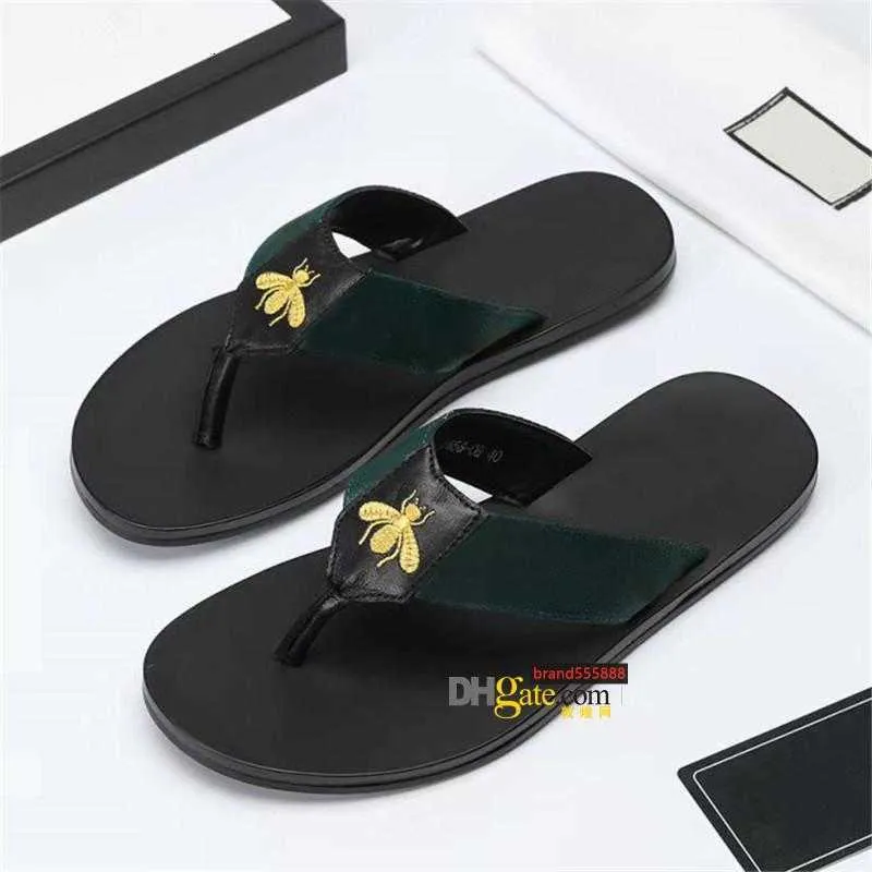 2021 Fashion Black Soft Leather Sandals Mules Bees Summers Slide Slippery Flat Chain Sandals Wide T-bar Casual Beach Slip Sandals With Box