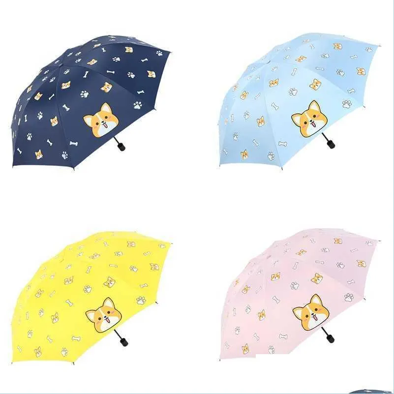 Paraguas de dibujos animados de moda perro encantador Corgi paraguas para mujeres Uv impermeable sombrilla lluvia Manual paraguas plegable 2021 H1015 gota Del Dhmal