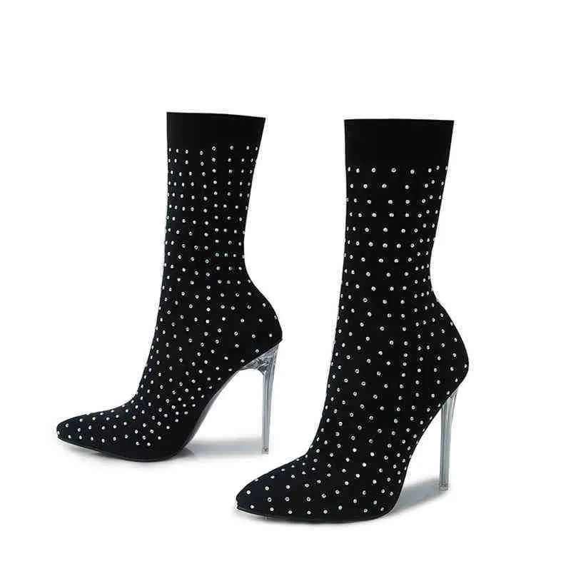 Boots Women's Over Knee Luxury Rhinestone Stiletto Heel Pointed Toe Sexy Nightclub Socks Boots High Heels Women's Short Boots 220913