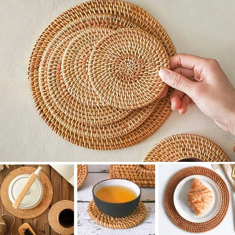 Handmade Natural Rattan Coasters Mats for Drinks Heat Resistant Reusable Wicker Boho Saucers Round Straw Trivet for Teacup