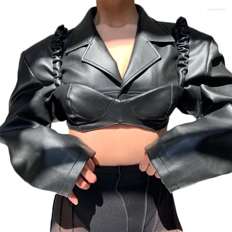 Women's Leather 2022 Spring Fashion Trend Women's Long Sleeve Lapel Navel Slim And Thin PU Top Sling Two-piece Set Y812