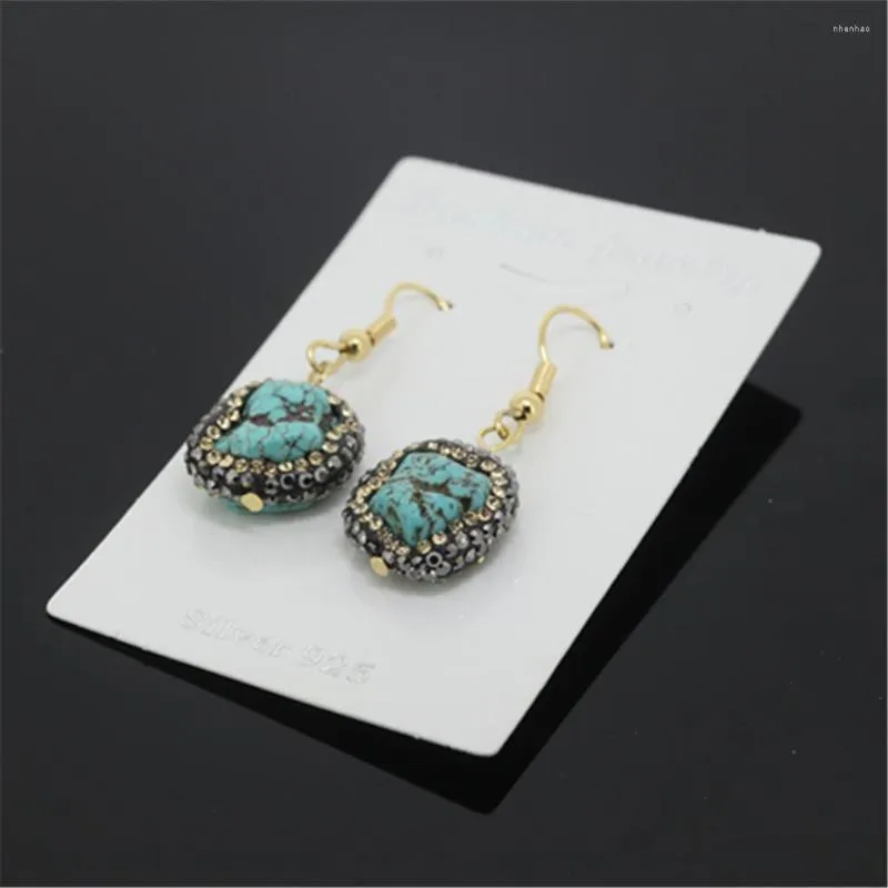 Dangle Küpeler Takılar 16-18mm Doğal Kaba Ham Yeşil Turquoises Taş boncuklar döşeli siyah altın rhinestones kadınlar için