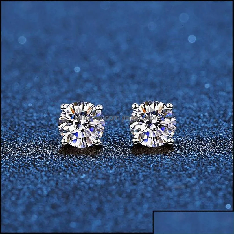 Stud￶rh￤ngen smycken Real 14k White Gold Plated Sterling Sier 4 Prong Diamond Earring for Women Men Ear 1CT 2CT 4CT 220211 Drop Otdi3
