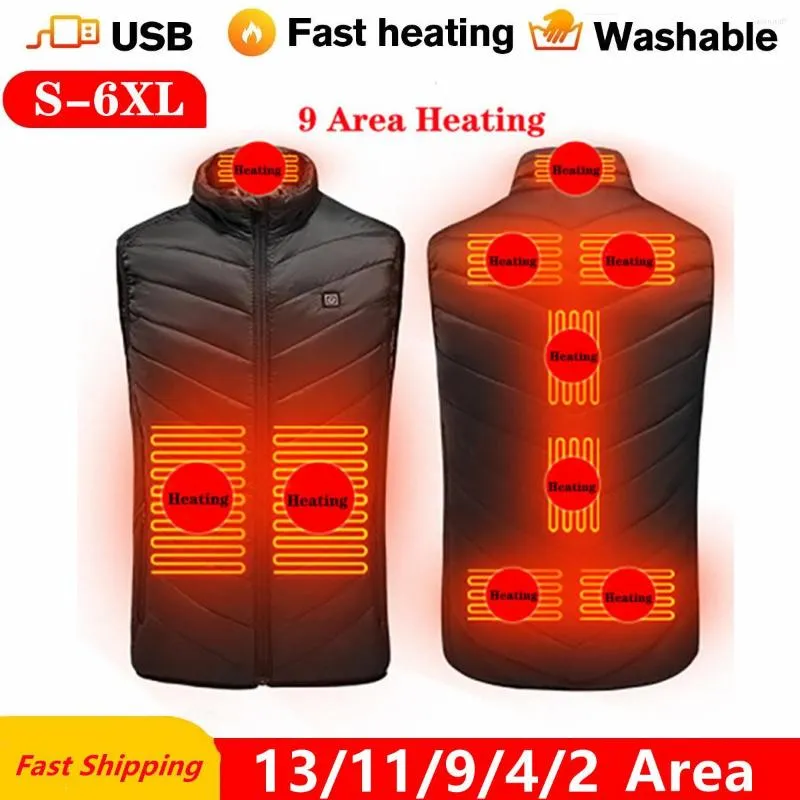 Heren Vesten 13/9 Gebieden Verwarmd Vest Mannen Vrouwen Usb Jas Verwarming Thermische Kleding Jacht Winter BlackS-6XL