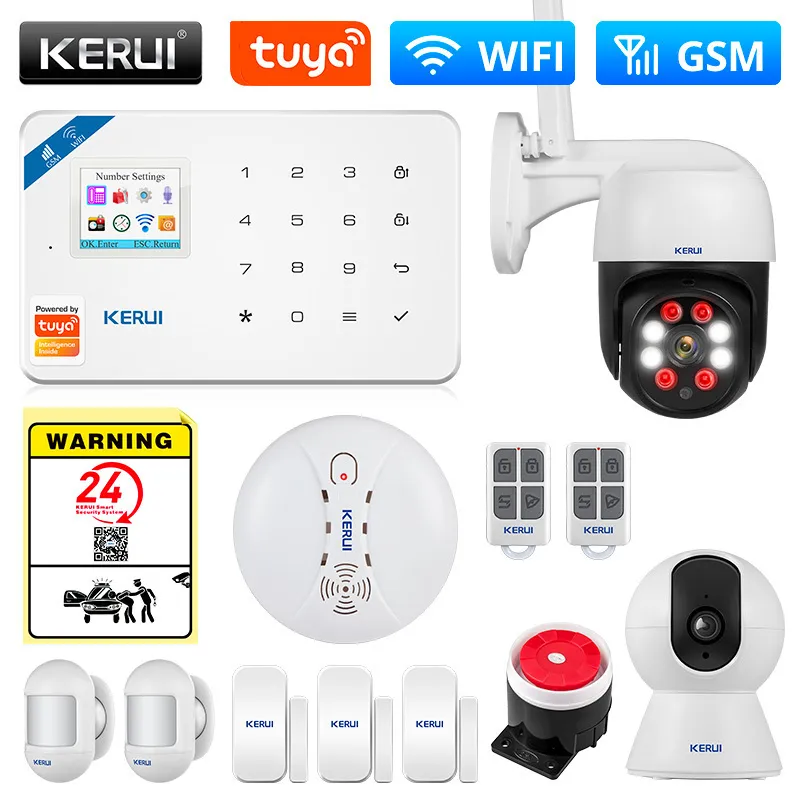 Alarmsystemen Kerui Tuya Smart WiFi GSM -beveiligingssysteem werkt met Alexa Home Burglar Motion Detector Smoke Door Window Sensor IP Camera 221101