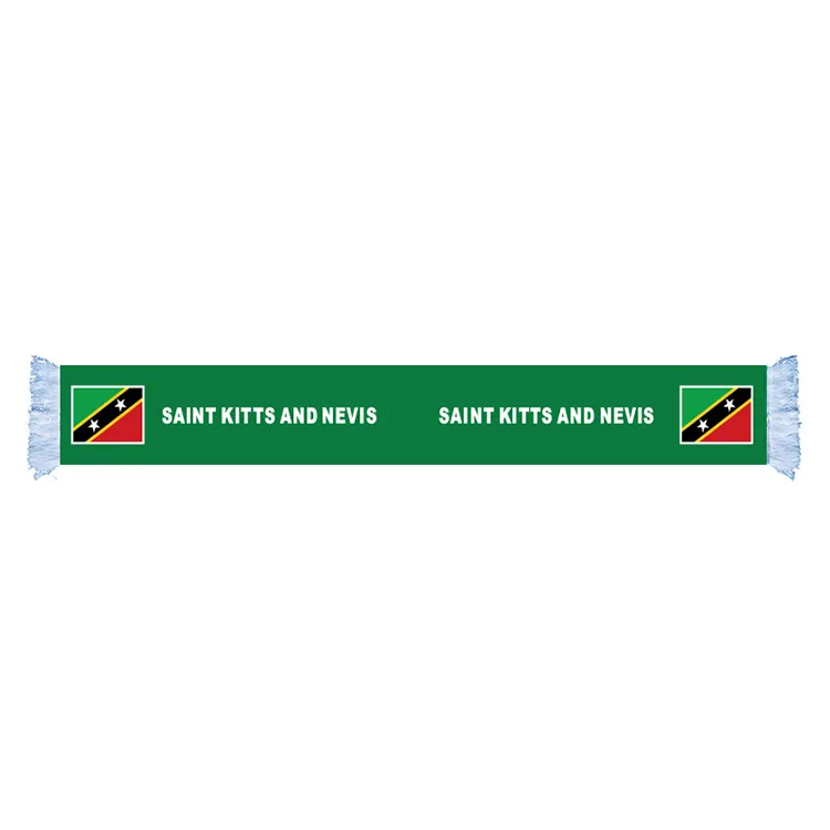 Saint Kitts y Nevis Flag Buff Factory Supply Qualidad Polyéster Mundo país Satin Buff Nation Football Games Bufands con borla de color blanco