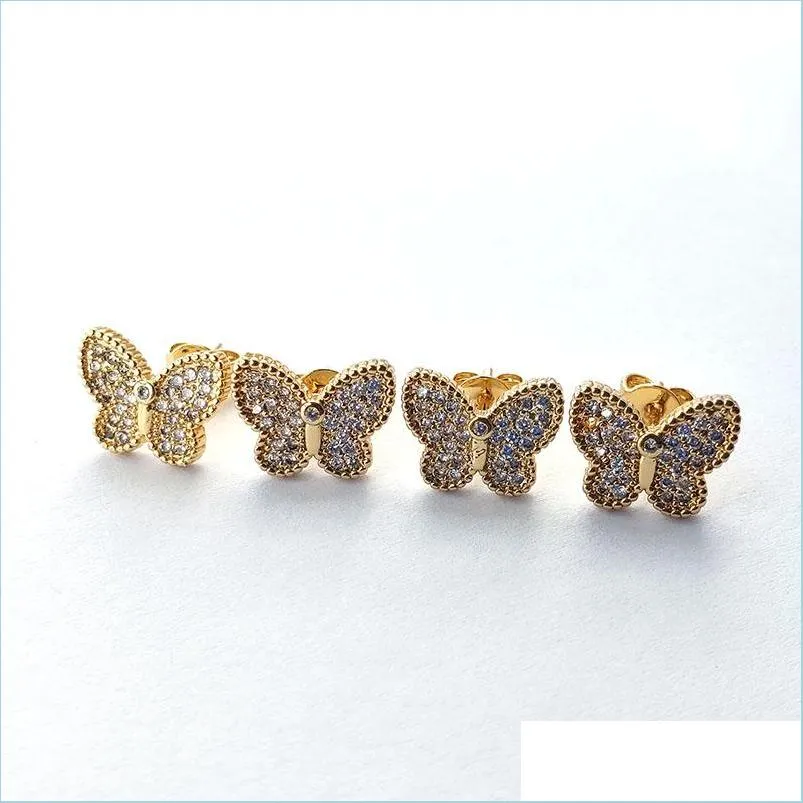 Stud Fashion Gold Color Insect Butterfly Earring Micro Pave Cubic Zirconia Stud Earrings for Women Party Gift Jewelry Er896 Drop Del Dhykr