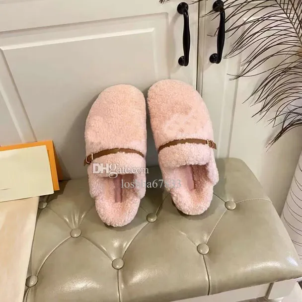 Wool Baotou Open Heel Slippers in Autumn and Winter Fashion Straight with Teddy Wool Decoration Anti thick Bottom Full Package 35-42