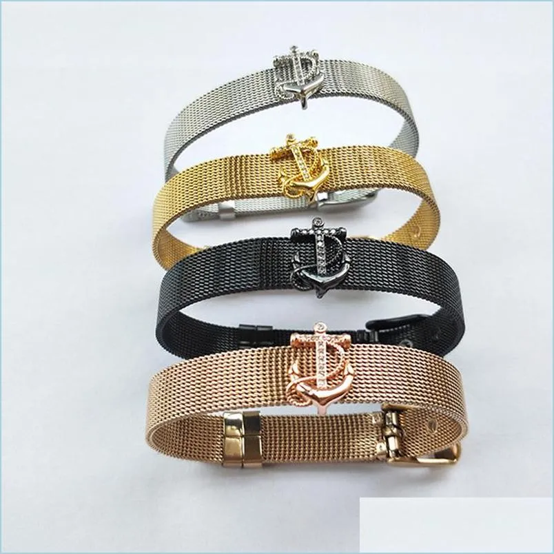 Bracciale con cinturino in acciaio inossidabile con catena Clear Cz Micro Pave Ship Anchor Shape Bracciale con connettore per regali di Natale Bg227 Drop Delivery Dh3Po