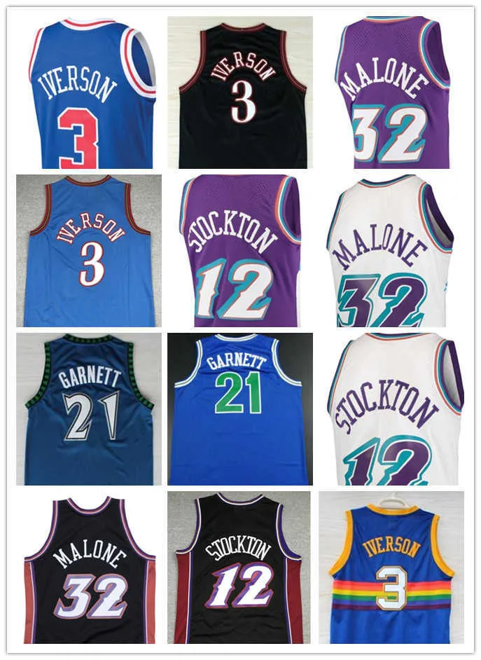 2022 Yeni Vintage Allen 3 Iverson Jersey Kevin 21 Garnett Basketbol Formaları John 12 Stockton Karl Reggie Malone Miller Dikişli Mavi Beyaz