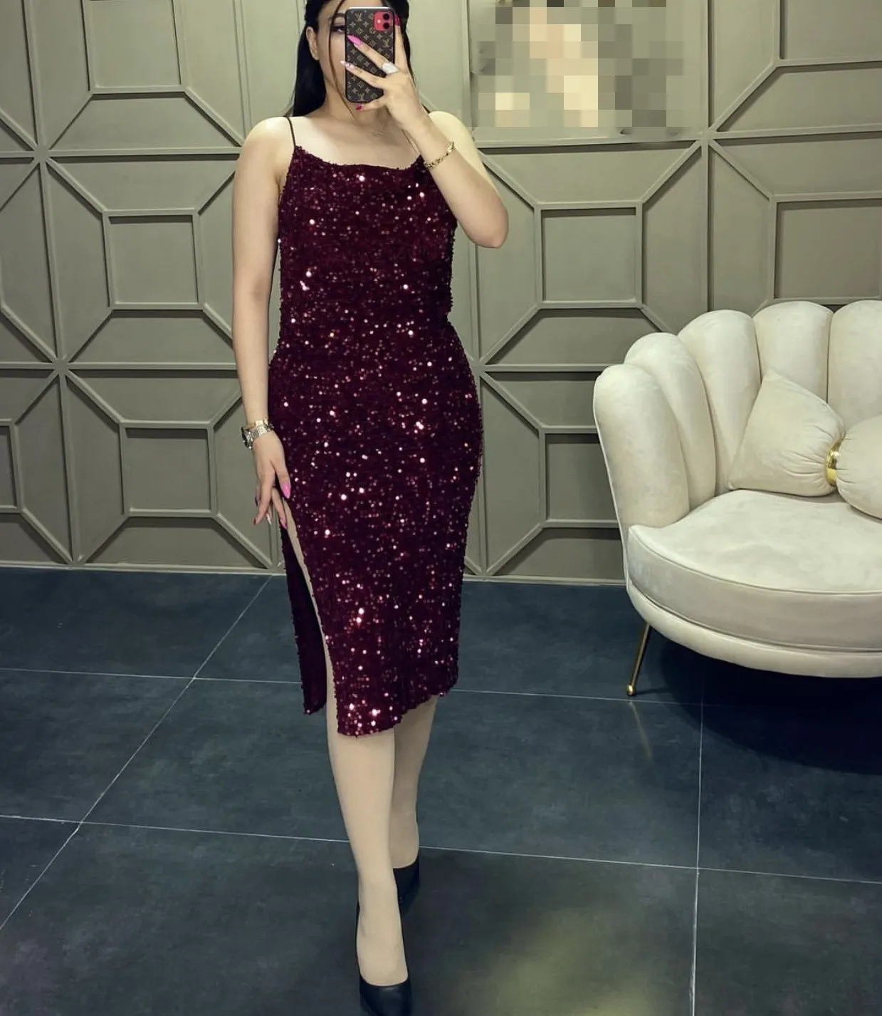 Burgundy Sparkling Evening Wear Dresses 2023 High Side Split Modest African Women Formal Dress Birthday Party Dinner Prom Gowns Celebrity Robe De Soiree