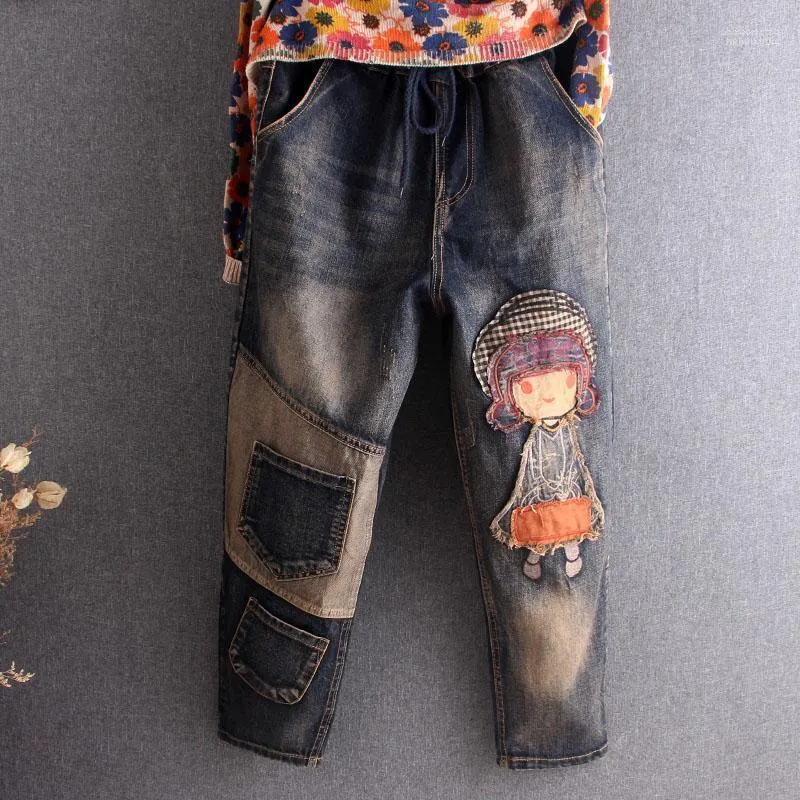 Jeans pour femmes Pantalons de dessin animé mignon pour femmes Mode coréenne Baggy Femmes Harem Girl Casual Denim Vintage Patchwork Élastique Femme Pantalon