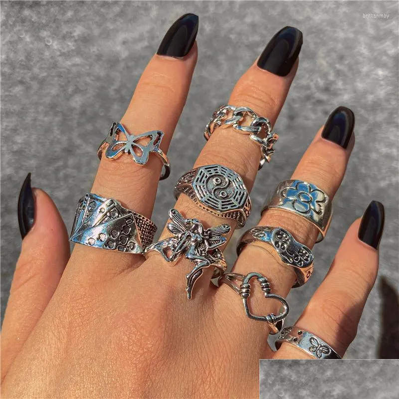 Cluster Ringe Cluster Ringe Punk Silber Farbe Herz Set Für Frauen Männer Vintage Mond Stern Tier Schmetterling Kette Fingerring Weiblich Männlich Dh5Zi