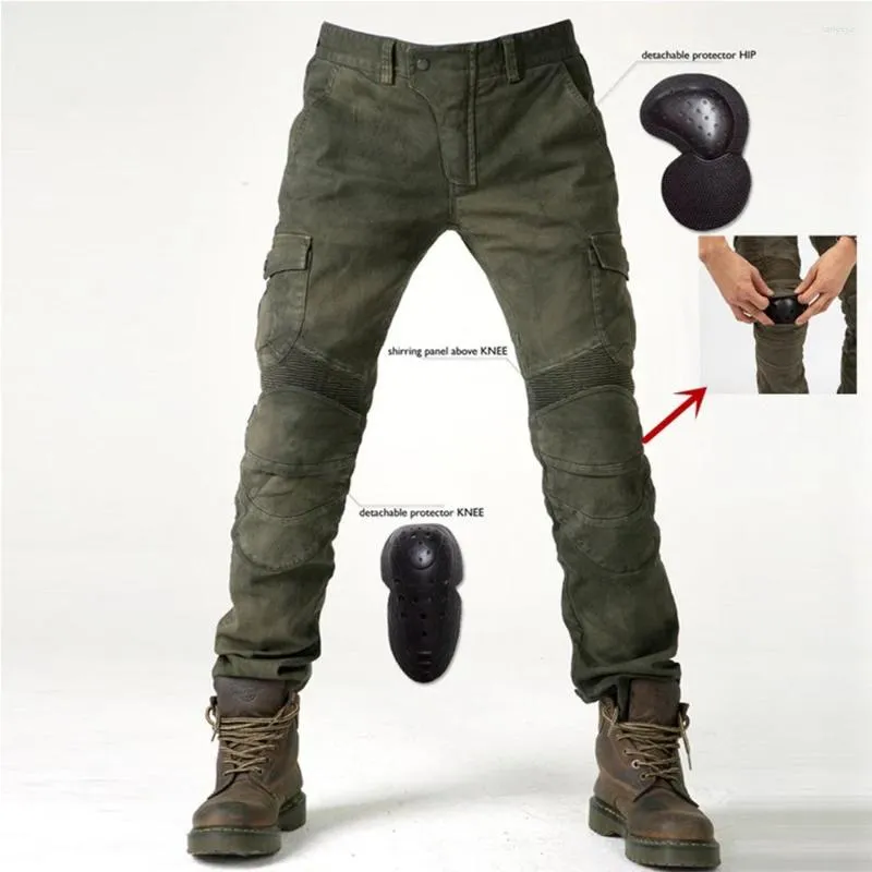 Motorcykelkl￤der Fyra s￤songer Svartgr￶na jeans utomhus ridutrustning byxor varma med skyddande moto kn￤ kuddar avtagbara