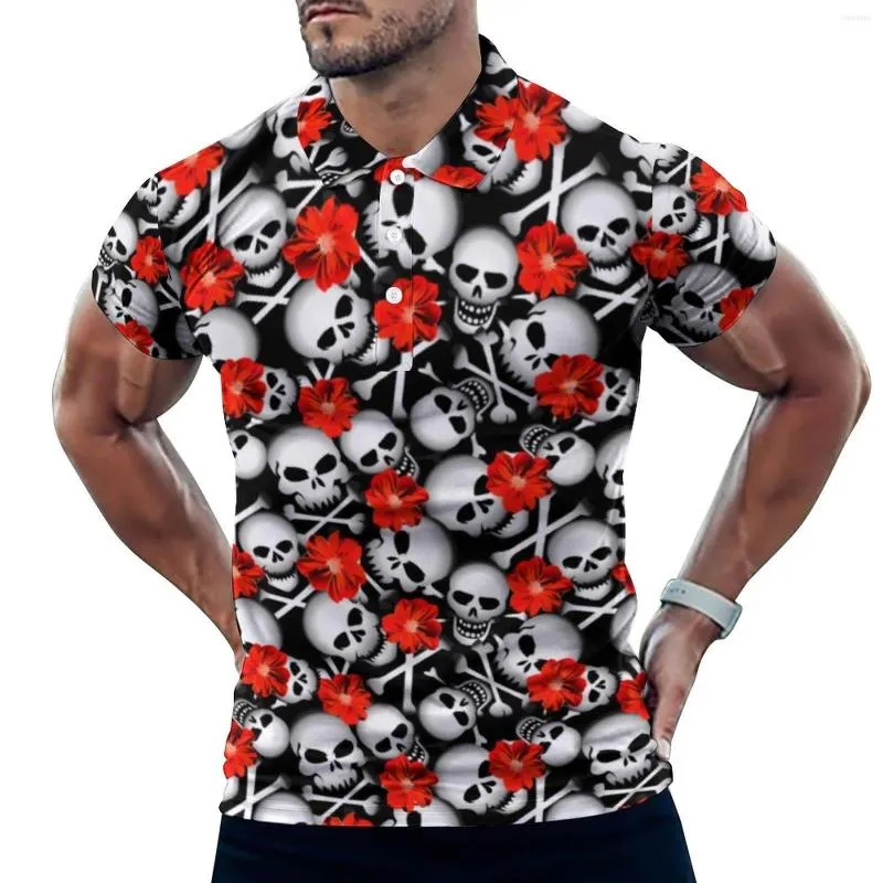 Men's Polos Sugar Skull Print Casual Polo Shirts Red Flowers T-Shirts Short Sleeve Custom Shirt Day Trending Oversized Clothes Birthday Gift