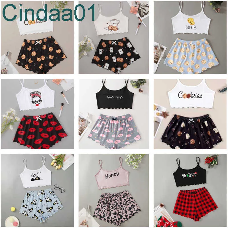 Printing Home Clothes Suit Sexy Suspender Top And Shorts Two Piece Set Designer Lovely Ladies Pajamas Total 41 Styles