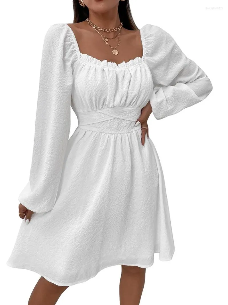 Casual Dresses Women Long Lantern Sleeve Square Neck Ruched High midjeklänning A-line Mini