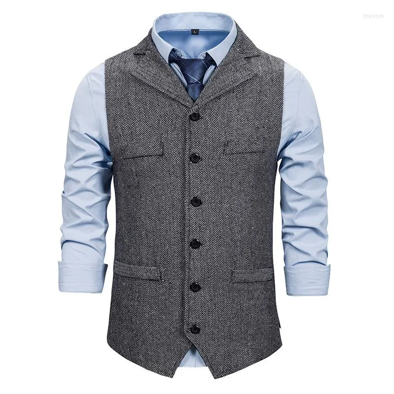 Men's Vests Woolen Tweed Suit Vest Men 2022 Brand Slim Fit Sleeveless Herringbone Waistcoat Party Wedding Tuxedo Gilet