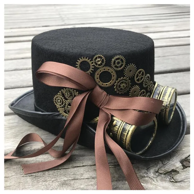 Berets Fashion Women Handmade Steampunk Top Hat With Gear Glasses And Ribbon Stage Magic Bowler Cosplay