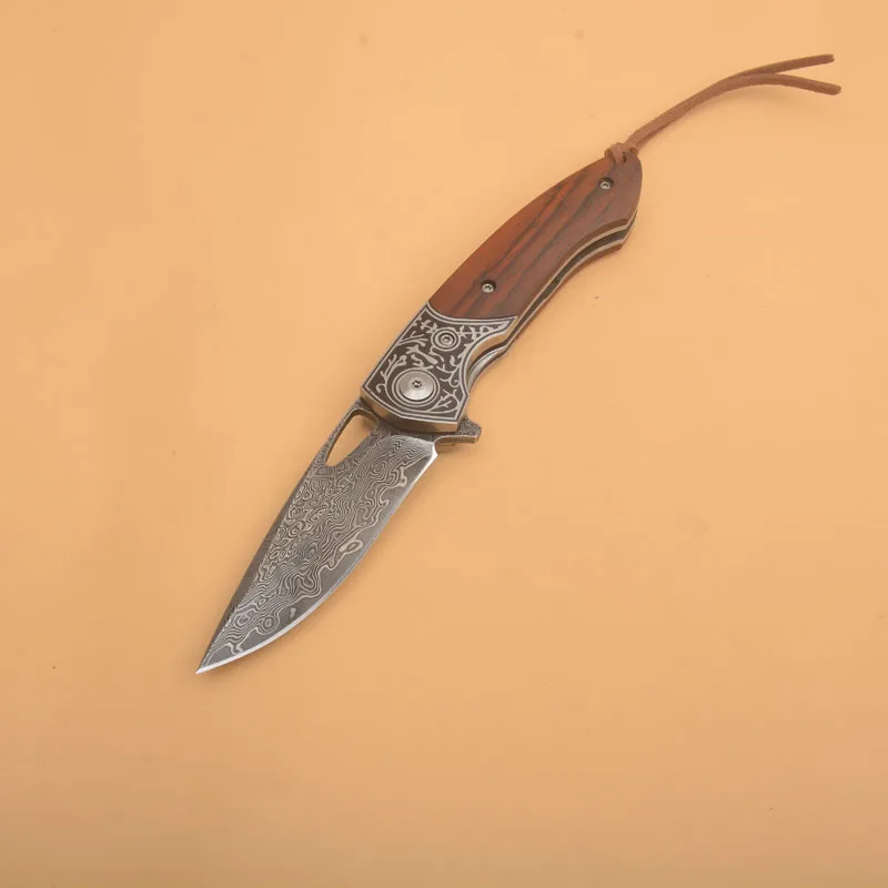 R1101 Flipper Folding Knife Damascus Steel Drop Point Blade Rosewood with Carving Steel Head Handle Ball Bearing Fast Open EDC Pocket Folder Knives